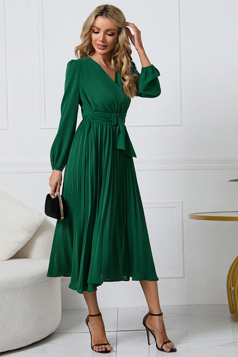 Full Size V-Neck Long Sleeve Tie Waist Midi Dress