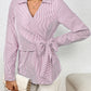 Bow Tie Waist Johnny Collar Neck Striped Blouse
