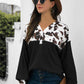 Animal Print Color Block Waffle-Knit Black Top