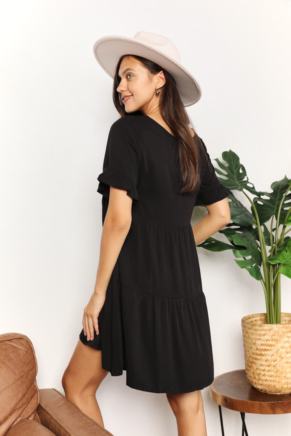 Full Size Double Take V-Neck Flounce Sleeve Tiered Dress *