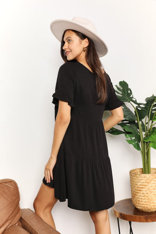 Full Size Double Take V-Neck Flounce Sleeve Tiered Dress