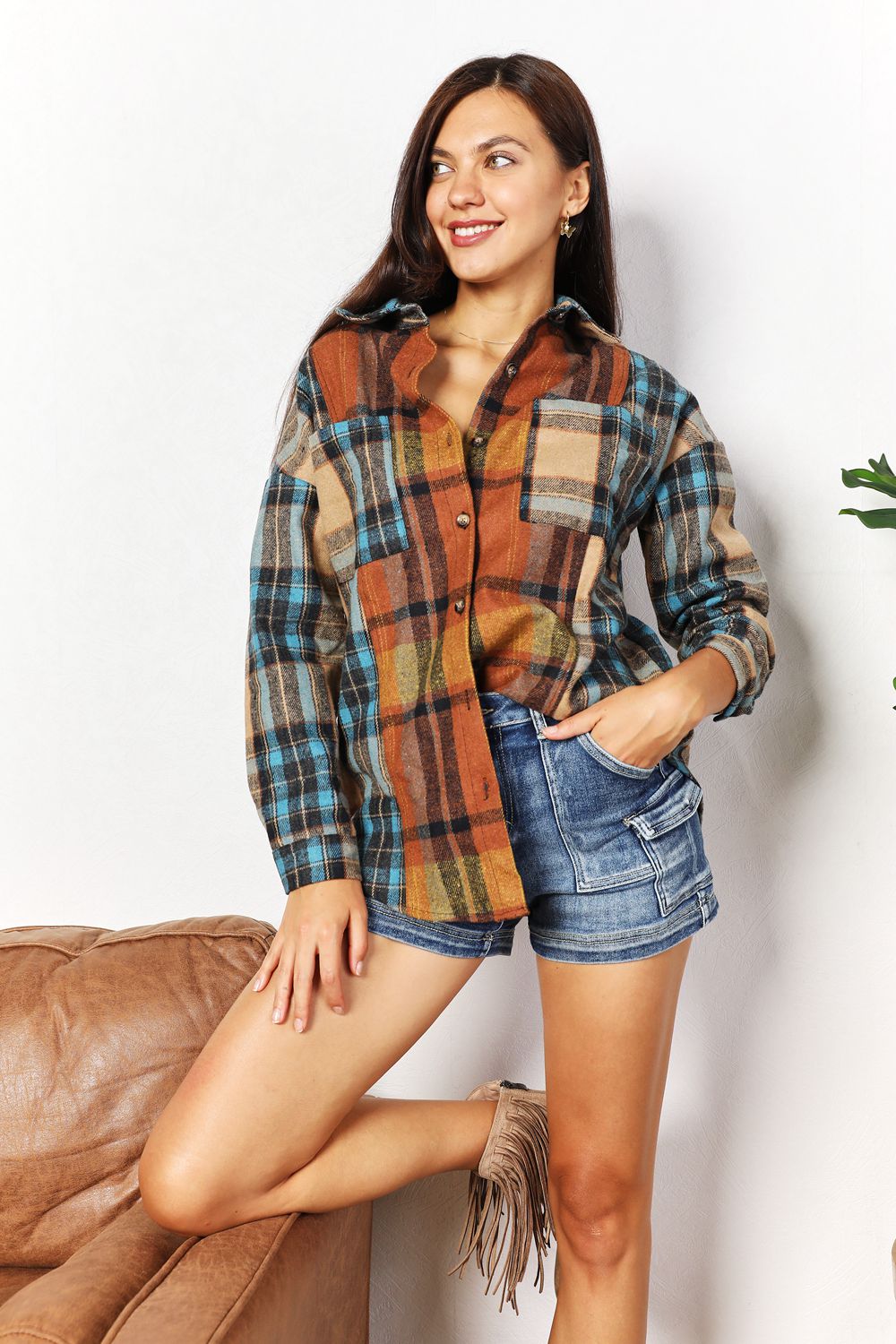Double Take Full Size Plaid Curved Hem Shirt Jacket with Breast Pockets *