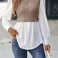 Full Size Contrast Round Neck Puff Sleeve Blouse