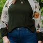 Plus Size Army Green Floral Waffle-Knit Round Neck Blouse