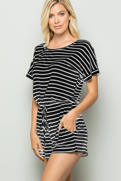 Heimish Full Size Striped Round Neck Short Sleeve Romper *