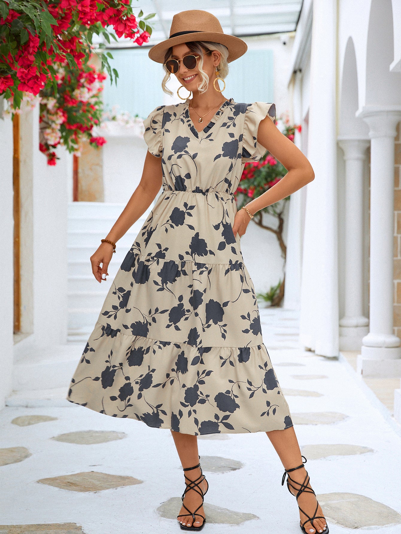 Women's Floral Frill Trim V-Neck Tiered Midi Dress