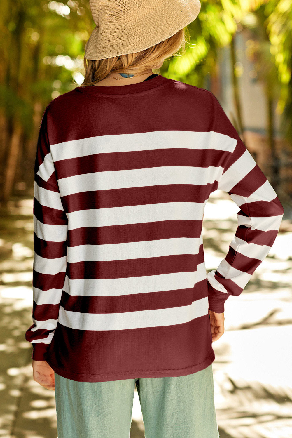 Women's Savory Reds Striped Drop Shoulder Side Slit Sweatshirt