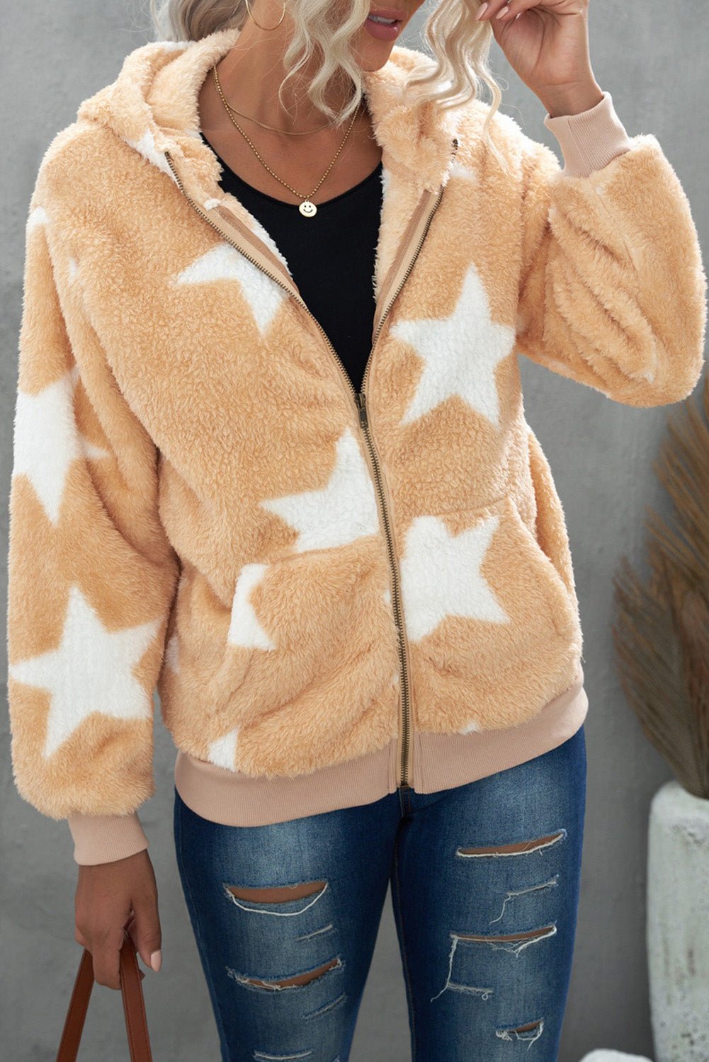 Women's Sophia & Grace Full Size Star Print Zipper Fleece Hooded Coat