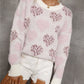 Women's Heart Print Pearl Detail Fuzzy Sweater