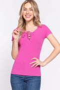 ACTIVE BASIC Lace Up Short Sleeve Rib Knit T-Shirt *