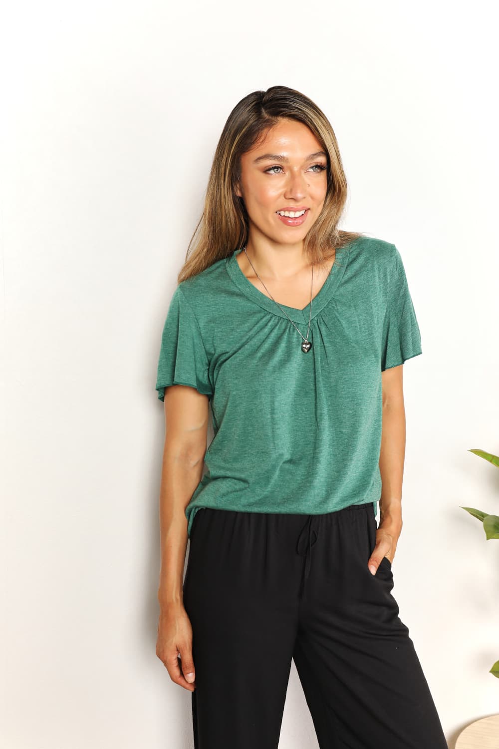 Full Size Double Take Ruched V-Neck Short Sleeve T-Shirt *