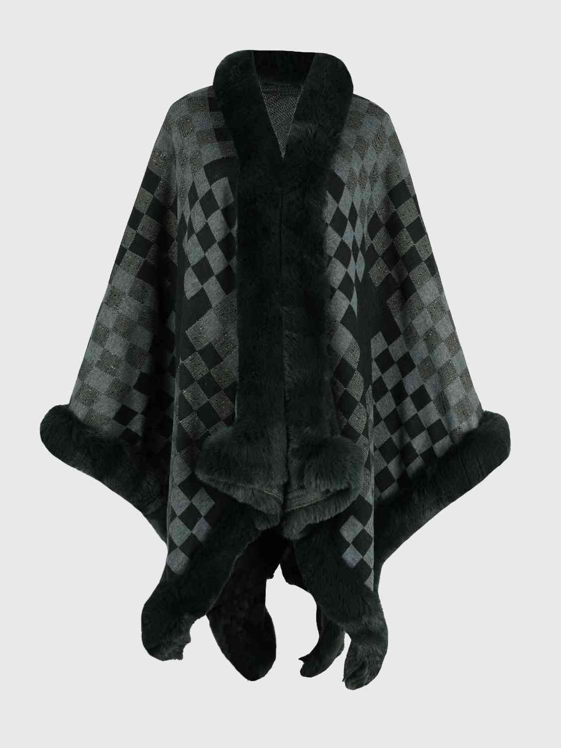 Savannah Jay One Size Checkered Faux Fur Trim Poncho