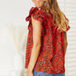 Double Take Red Orange Floral Flutter Sleeve Notched Neck Blouse