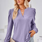 Ruched Notched Long Sleeve T-Shirt