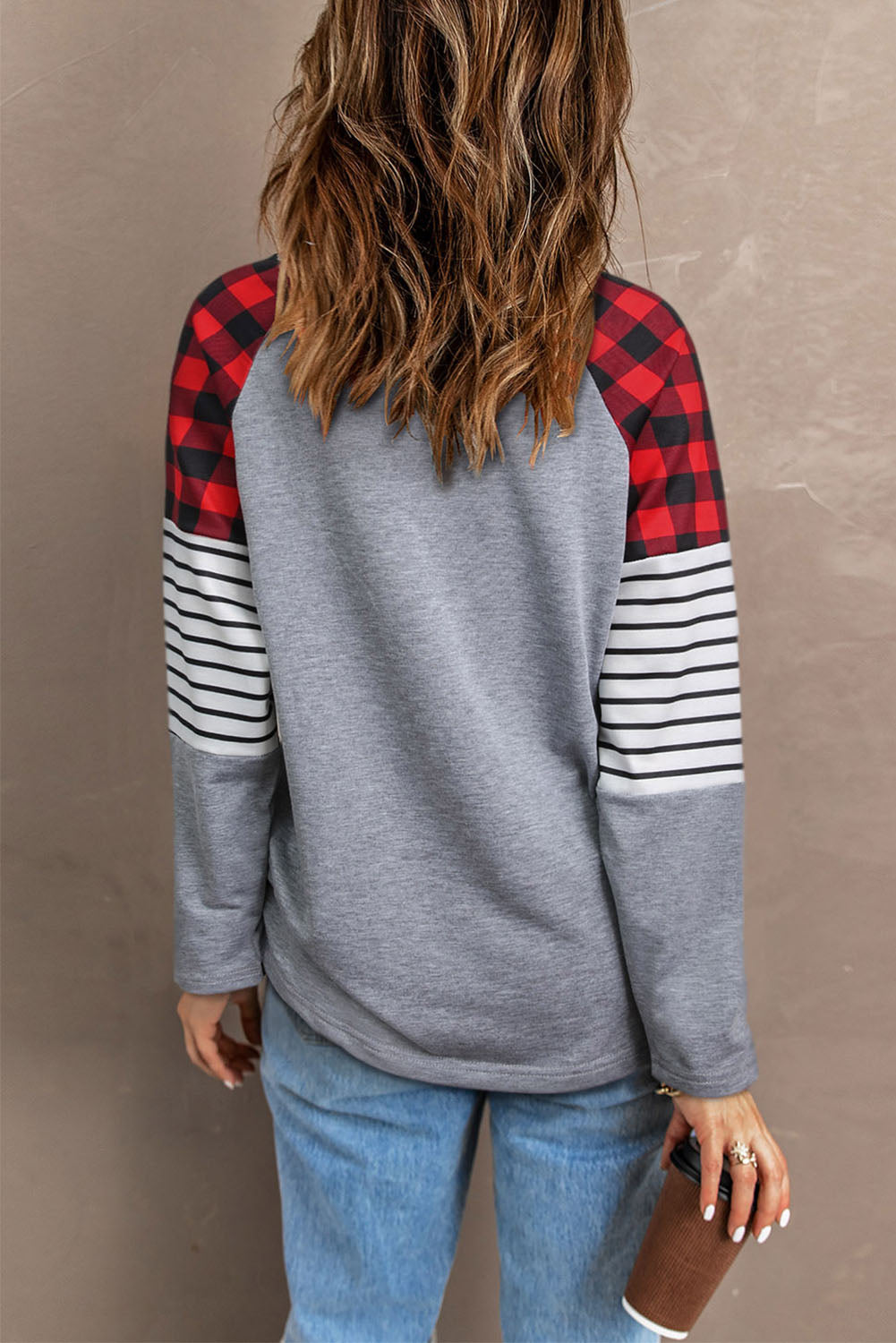 Women's Full Size BELIEVE WOMEN Plaid Striped Raglan Sleeve Top