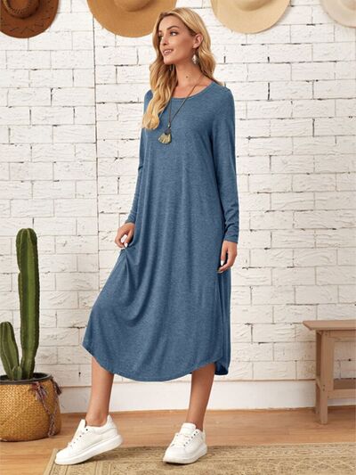 Pocketed Round Neck Long Sleeve Tee Dress