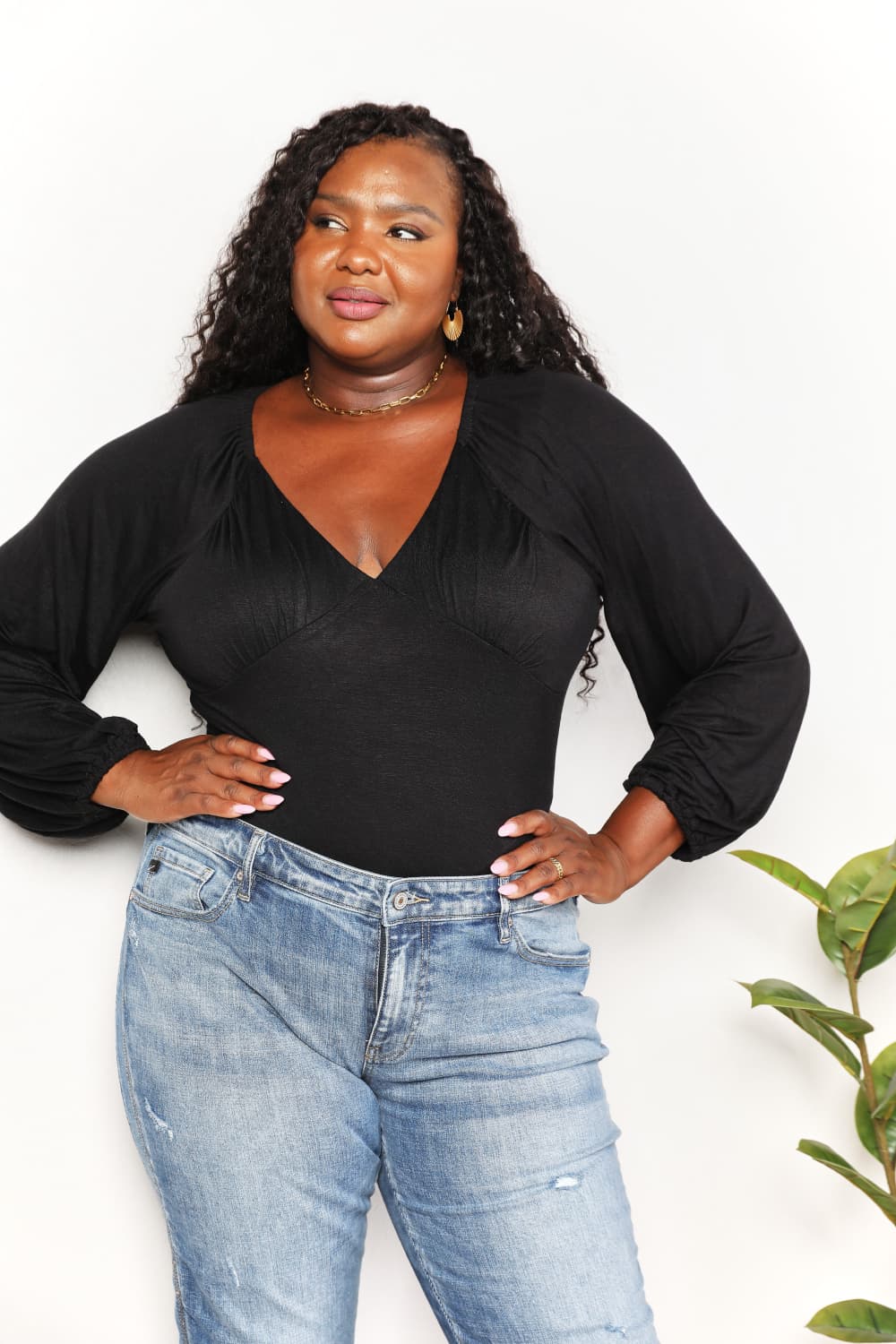 Culture Code Black Full Size V- Neck Bodysuit *