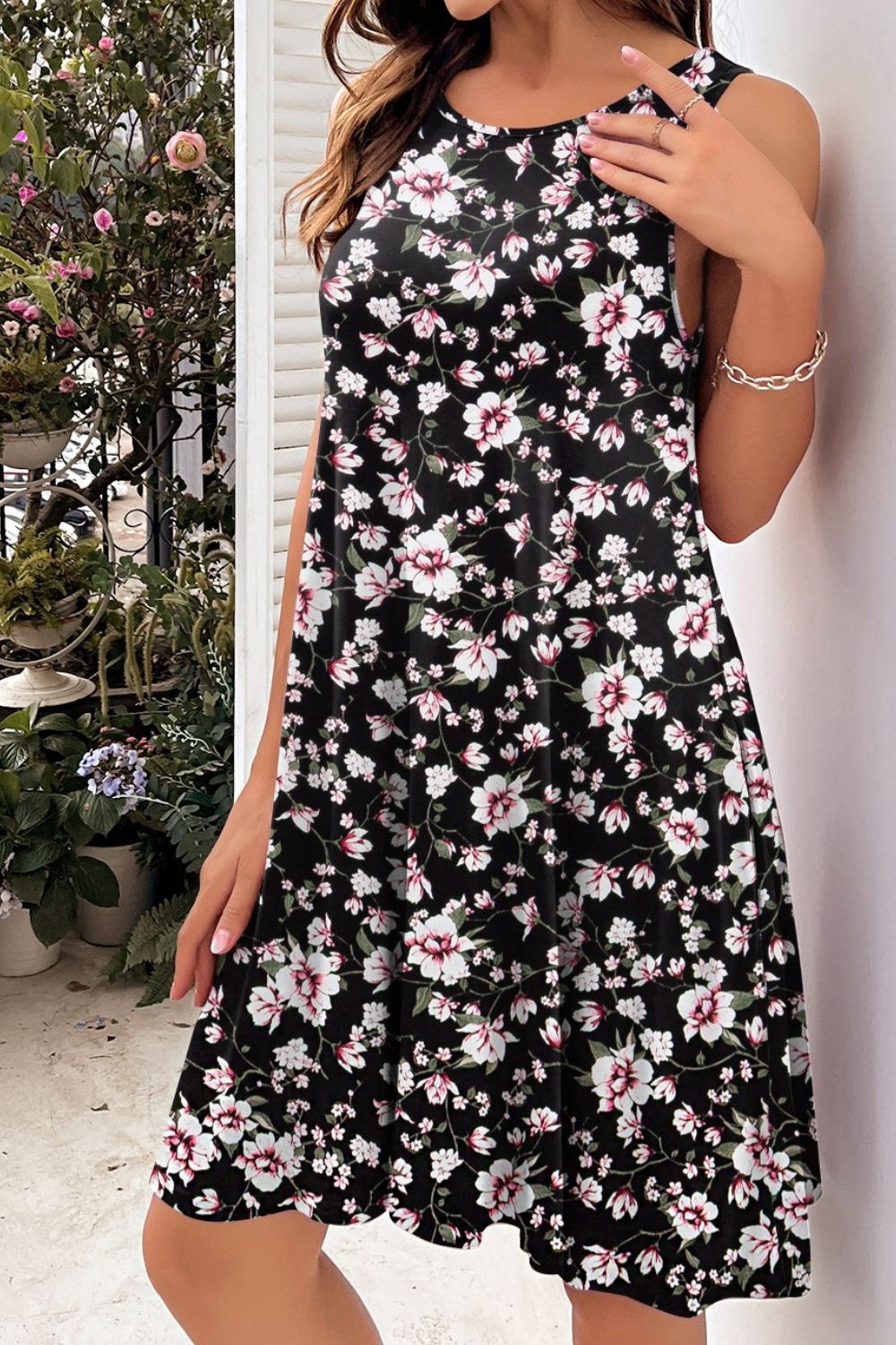 Full Size Printed Round Neck Sleeveless Dress