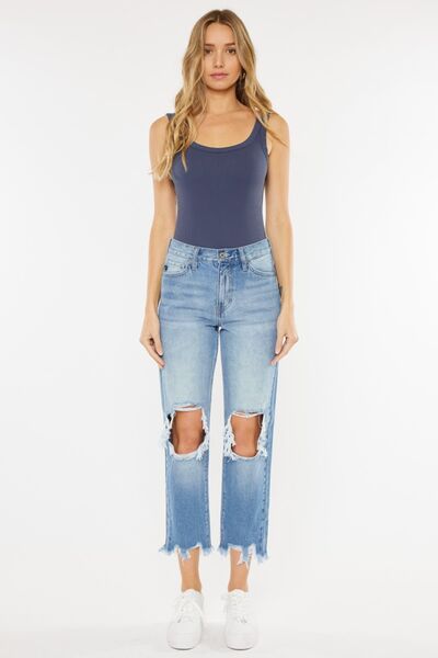 Kancan High Waist Chewed Up Straight Mom Jeans *