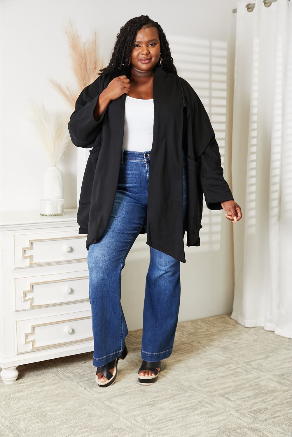 HEYSON Full Size Open Front Black Cardigan with Scarf Design