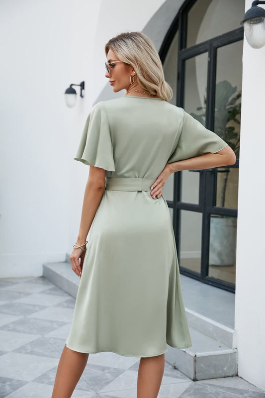 Full Size Tie Waist Flutter Sleeve Surplice Dress