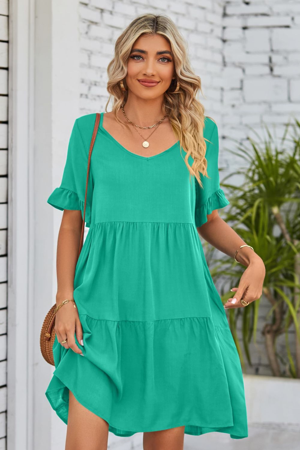 SO BOHO Full Size V-Neck Flounce Sleeve Tiered Dress