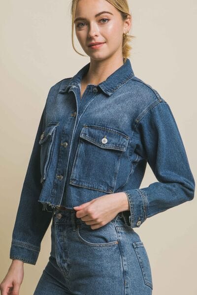 LOVE TREE Raw Hem Button Up Cropped Denim Jacket *