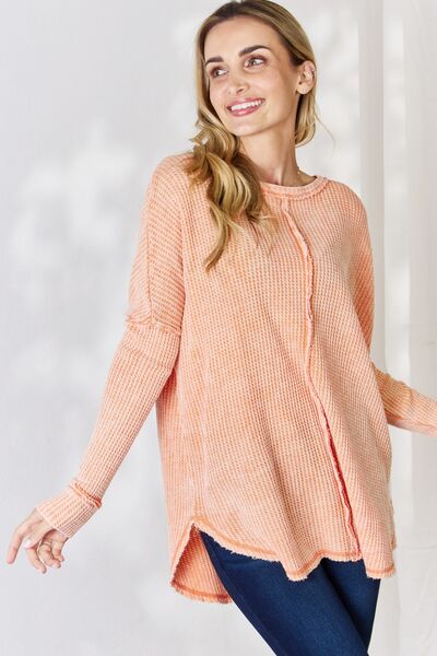 Zenana Oversized Washed Waffle Long Sleeve Top *