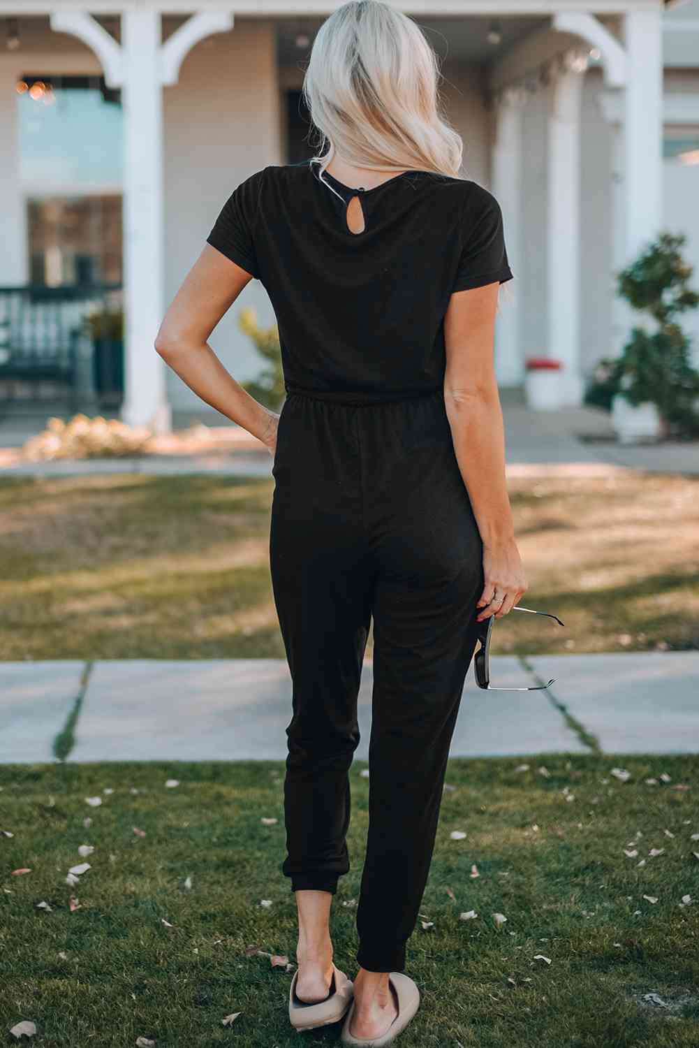 Black Belted V-Neck Jogger Jumpsuit