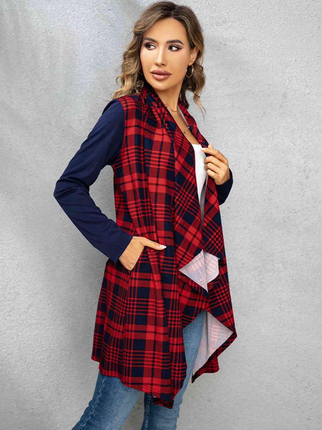 Deep Red Plaid Open Front Cardigan