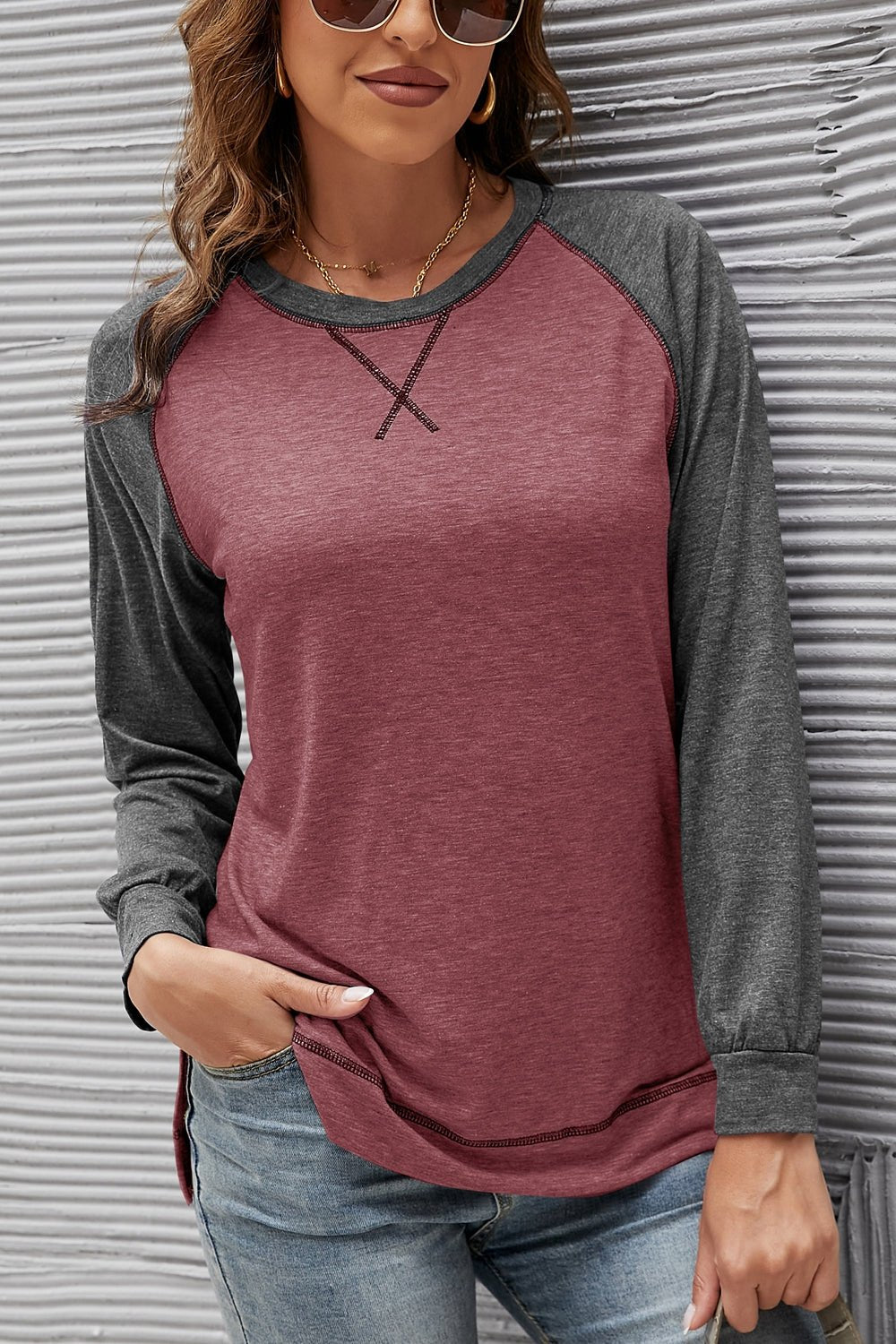 Women's SLENA Full Size Lucia Color Block Raglan Sleeve Top