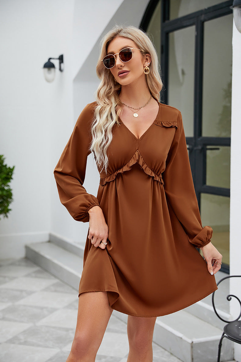 SO YOU Full Size Frill Trim V-Neck Long Sleeve Dress