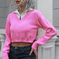 Basic Style Pink, Black, or Blue Contrast Collared Cropped Sweater