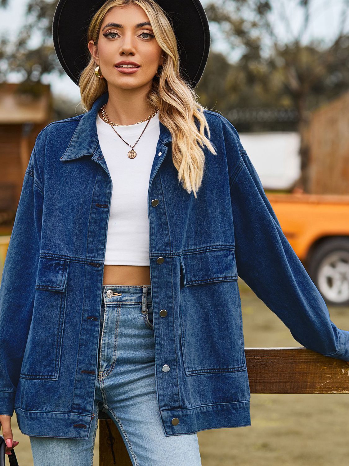 Outer Adventure Full Size Dropped Shoulder Denim Jacket with Pockets