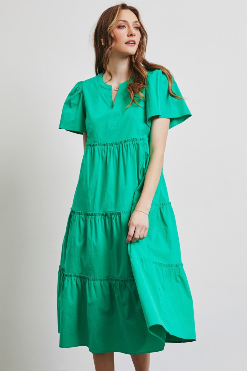 HEYSON Full Size Cotton Poplin Ruffled Tiered Midi Dress *