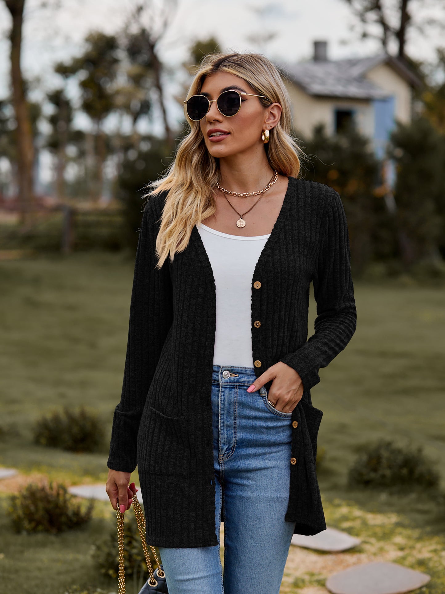 Full Size Ribbed Button-UP Cardigan with Pockets