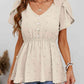 Swiss Dot Buttoned Petal Sleeve Peplum Blouse