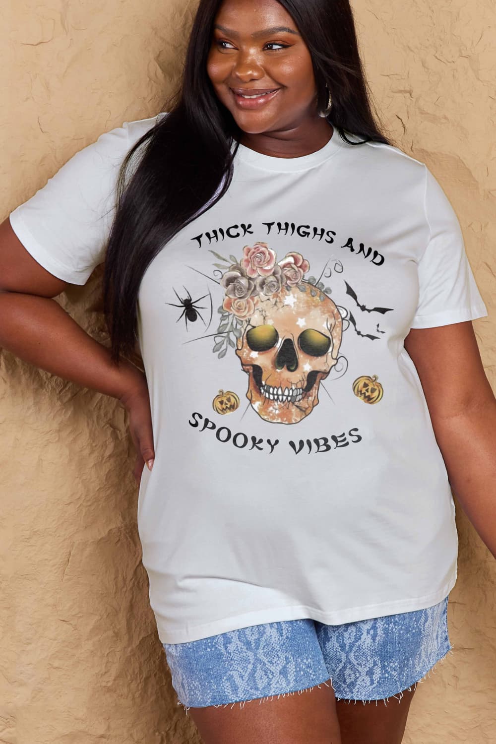 Simply Love Full Size Halloween THICK THIGHS AND SPOOKY VIBES Graphic Cotton T-Shirt