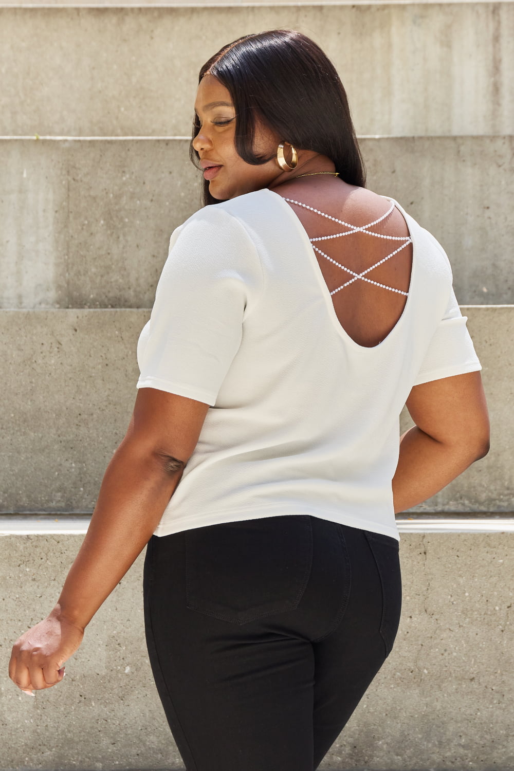 And The Why Pearly White Full Size Criss Cross Pearl Detail Open Back T-Shirt *