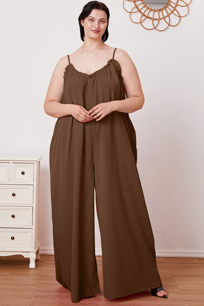 Double Take Full Size Ruffle Trim Tie Back Cami Jumpsuit with Pockets *