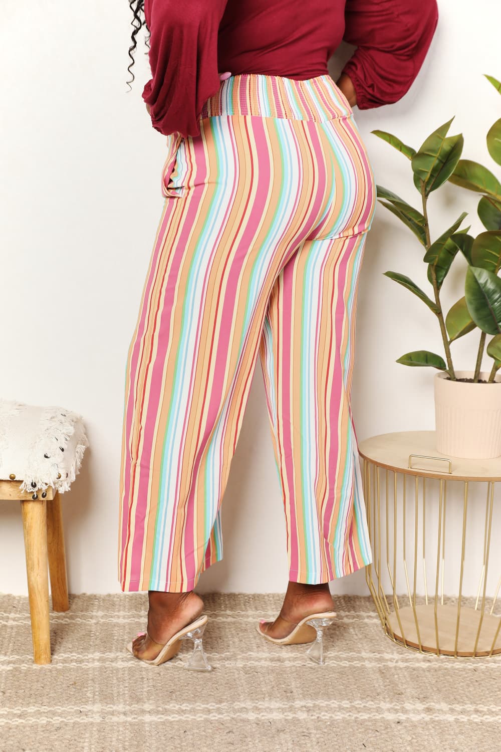 Double Take Striped Smocked Waist Pants with Pockets *