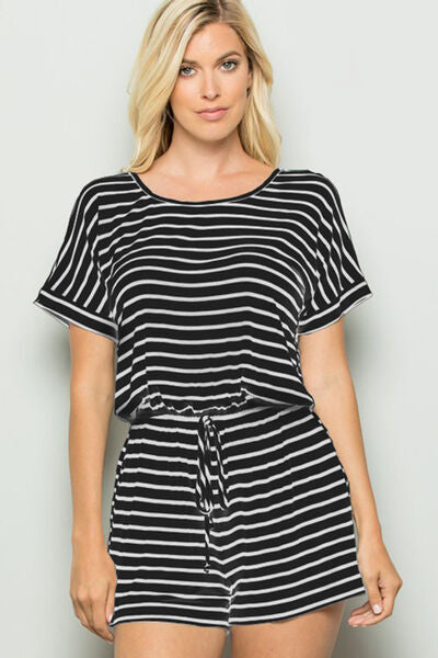 Heimish Full Size Striped Round Neck Short Sleeve Romper *