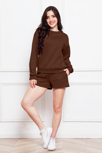 Comfy n' Cozy Round Neck Long Sleeve Sweatshirt and Drawstring Shorts Set