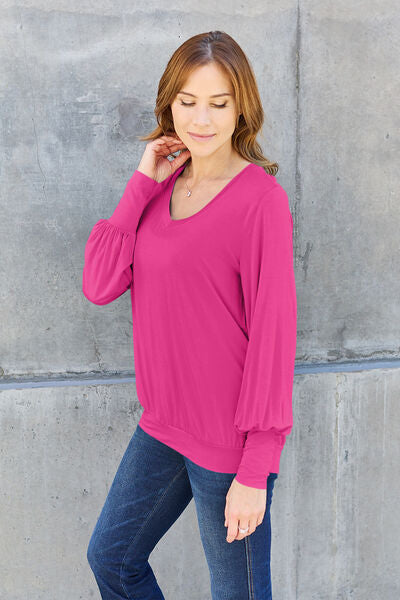 Basic Bae Full Size V-Neck Lantern Sleeve Blouse *