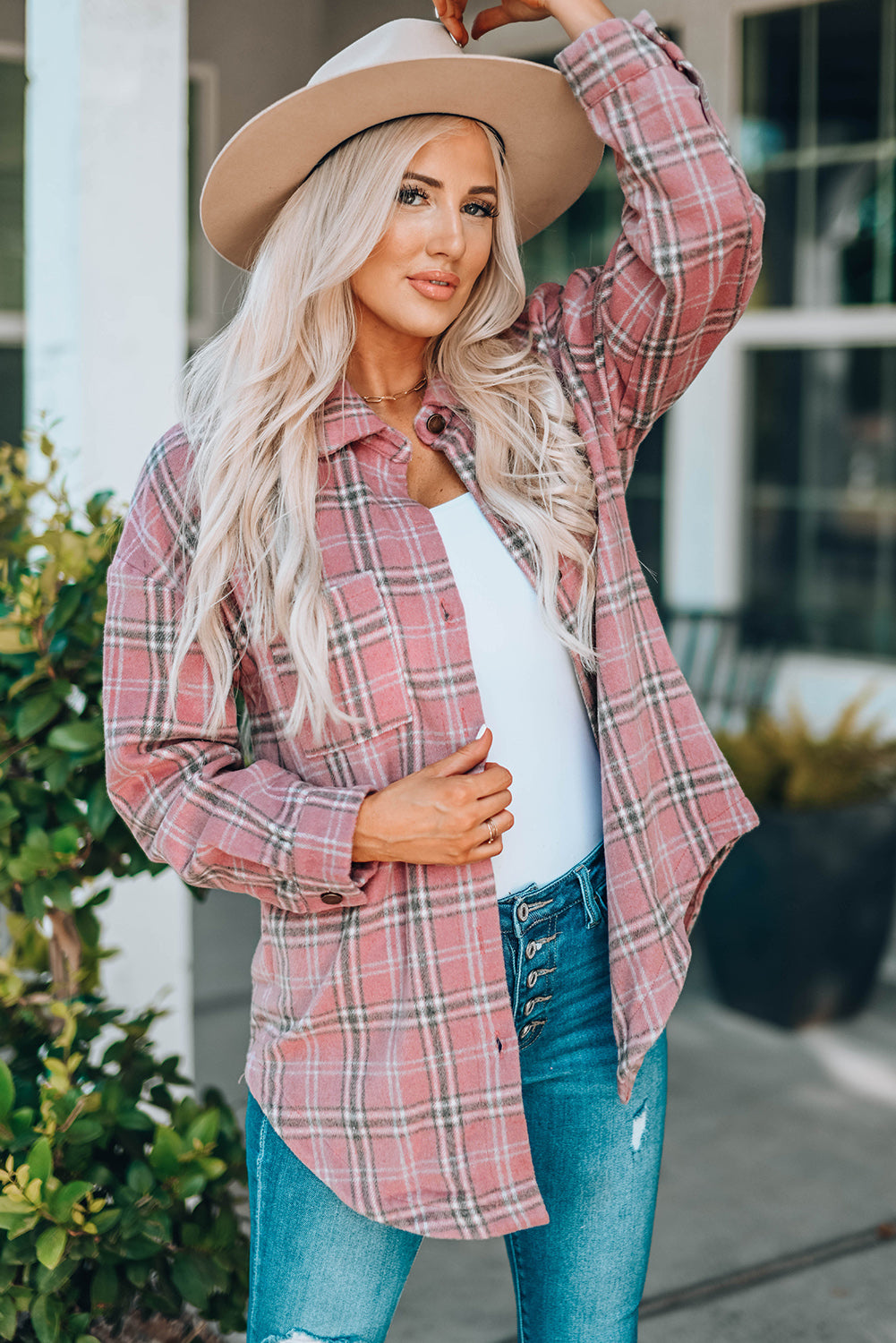 Aaarti&Destiny Full Size Plaid Curved Hem Dropped Shoulder Longline Shirt Jacket