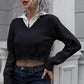 Basic Style Pink, Black, or Blue Contrast Collared Cropped Sweater