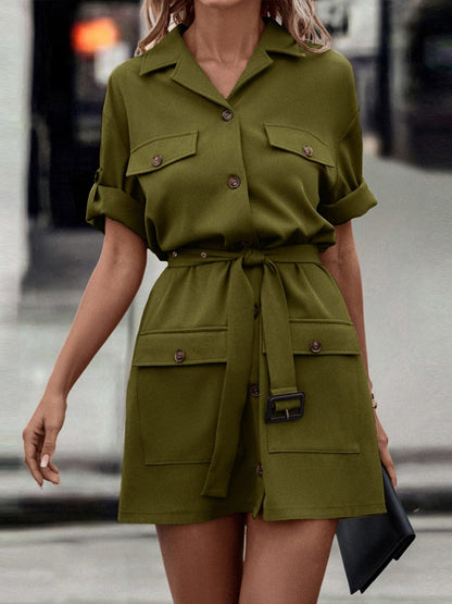 Full Size Tie Waist Collared Dress