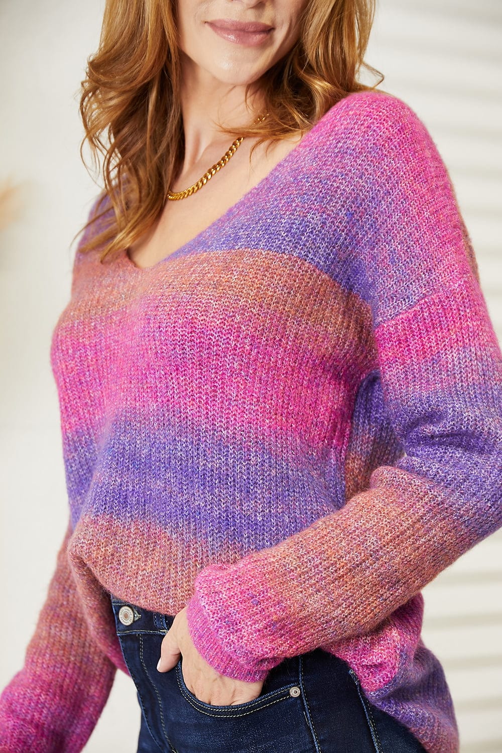 Double Take Multicolored Rib-Knit V-Neck Knit Pullover *