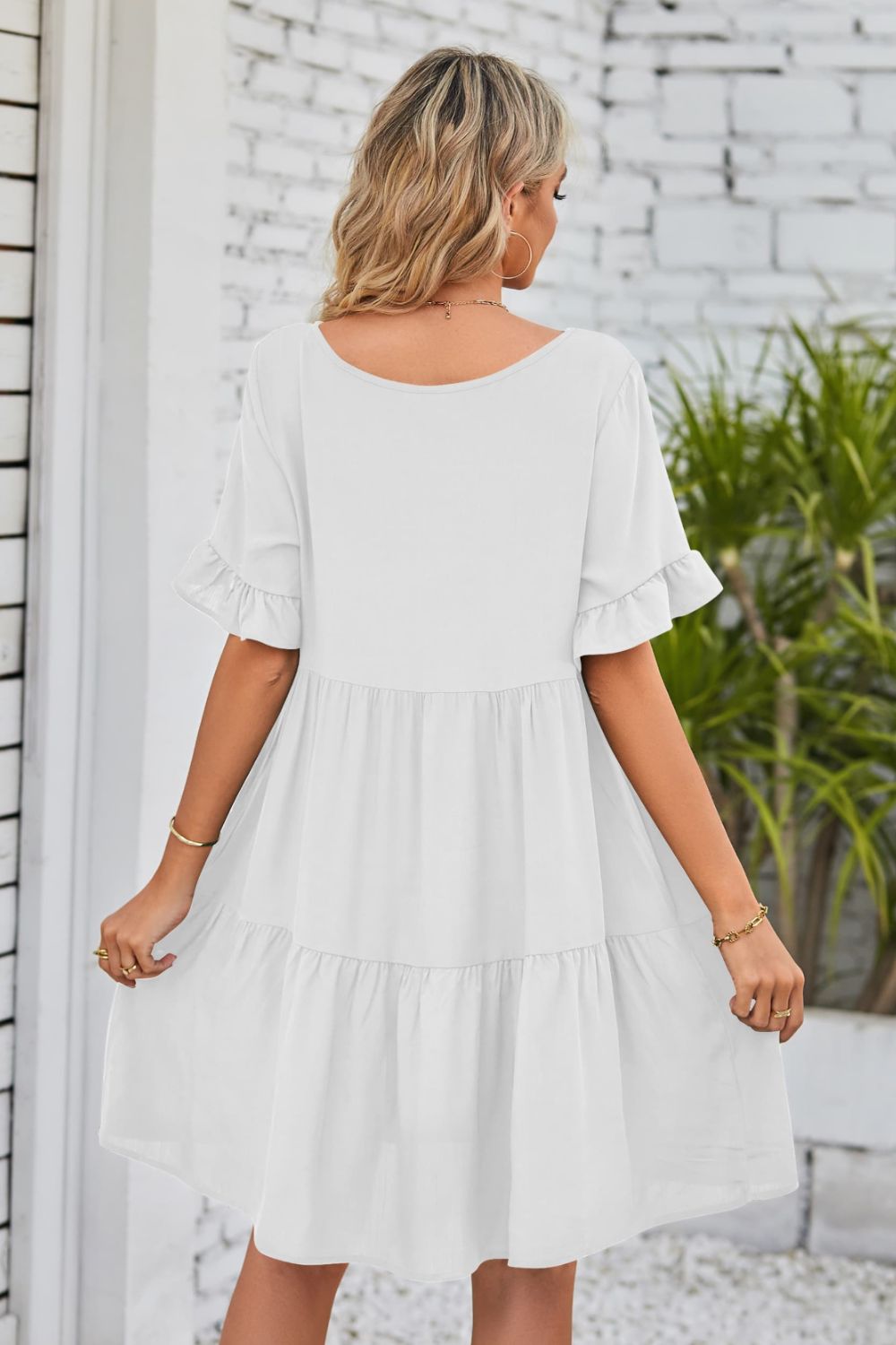 SO BOHO Full Size V-Neck Flounce Sleeve Tiered Dress