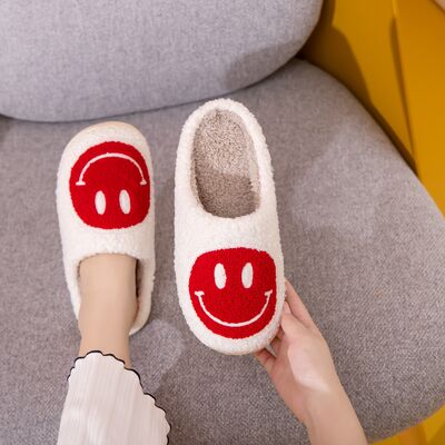 Melody Smiley Face White Red Cozy Slippers